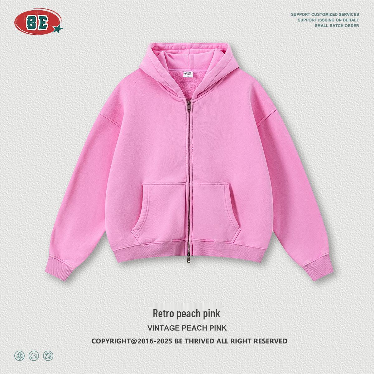 Men s European & American Retro Fleece-Lined Distressed Boxy-Fit Hooded Sweatshirt with Double Zipper S