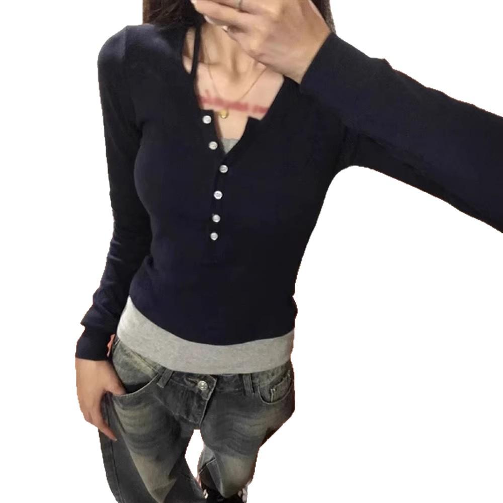 Women's 2024 Autumn Slim Fit Contrast Collar Two-in-One Long Sleeve Top