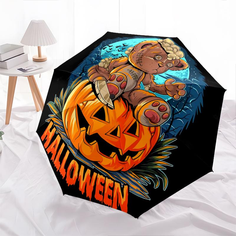 1pc Scary Bear Pumpkin Halloween Cartoon Umbrella, Portable 3-Fold Compact Umbrella, Suitable for Camping, Hiking and Travel, Ideal Easter Birthd