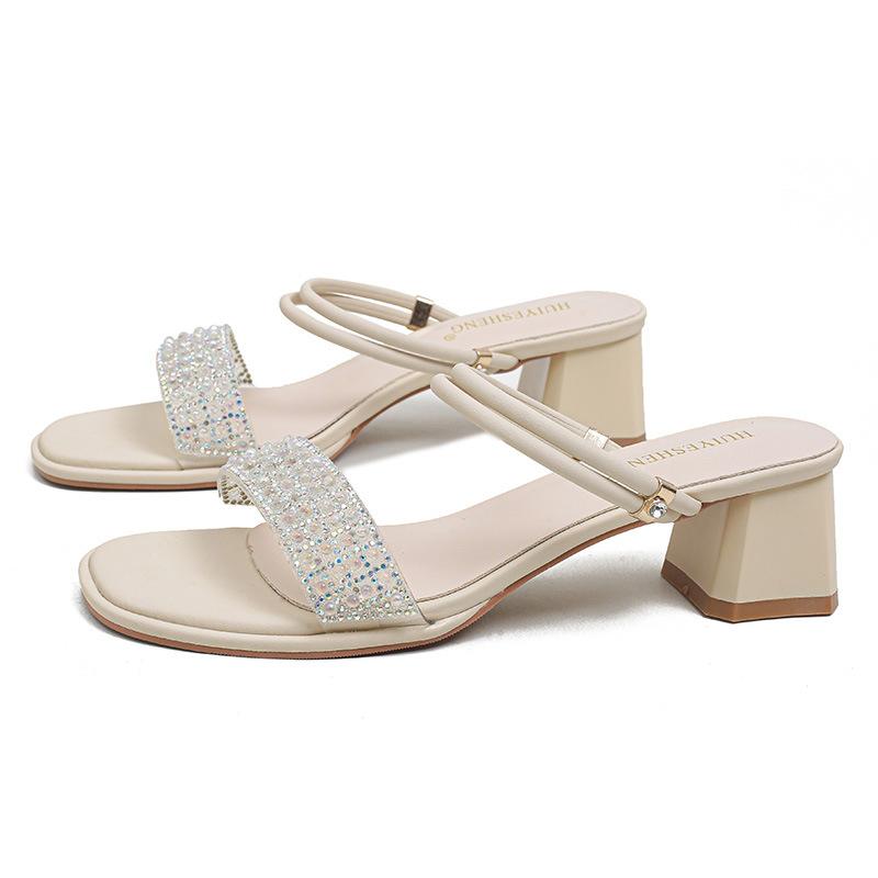 

Fashion crystal rivets transparent women sandals med- high heels summer slides shoes woman crystal band sandalias mujer big size 43 34 абрикосовый