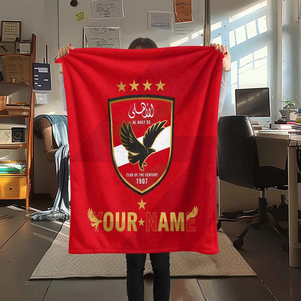Custom Name Al Ahly SC Flannel Blanket, High quality Comfortable for All Seasons, Home Decor, Warmth and Comfort