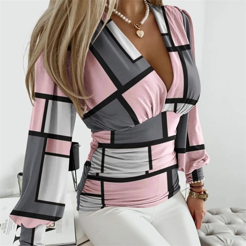 Deep V Neck Lantern Long Sleeve Printed Tops Spring Autumn Slim Women Blouse