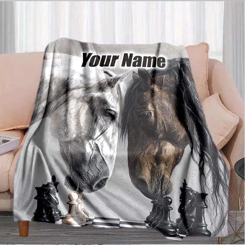 1PC Custom Name Horses Chess Game Flannel Blankets Patterns Throw Blanket All-Season Soft Gift for Couch, Bed, Camping Gifts