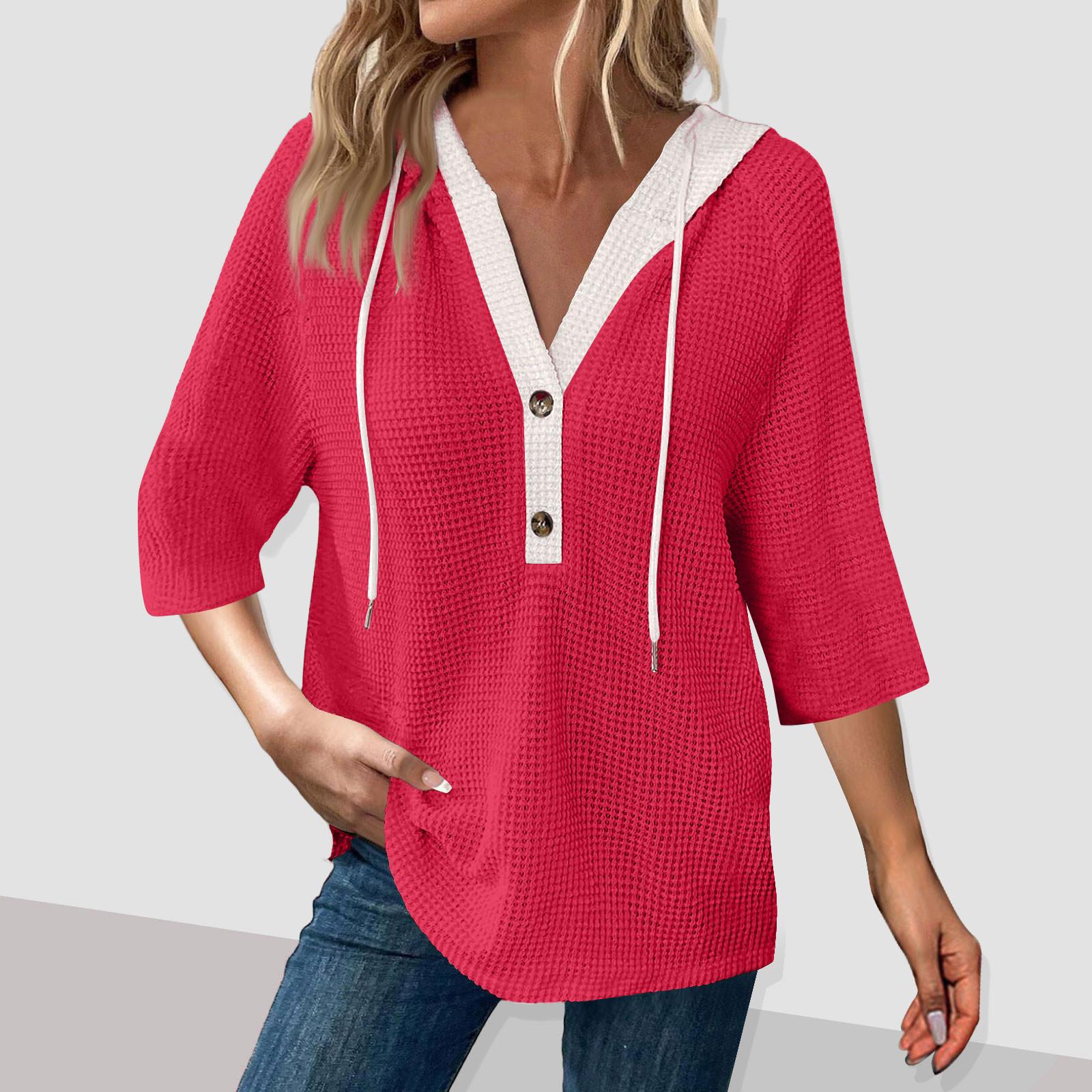 

Женская мода цвет блок рукава капюшон пуговицы V-образный вырез повседневный капюшон толстовка топ XL красный