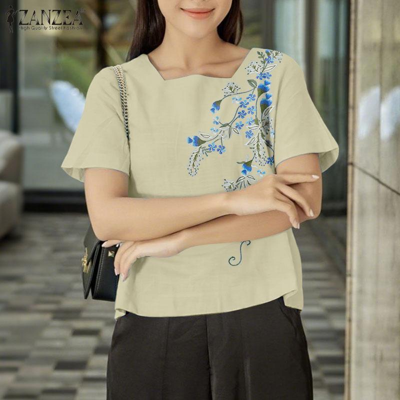 ZANZEA Women Summer Square Collar Casual Short Sleeve Embroidery Blouse