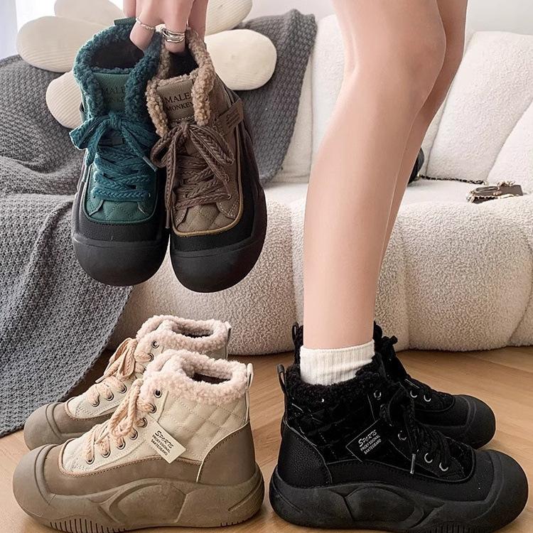 European station women's cotton shoes with velvet thermal short boots women's 2025 winter new popular cotton shoes lamb wool high-top shoes