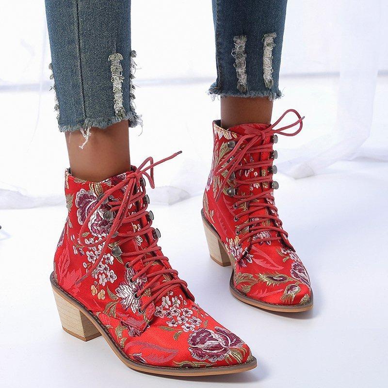 New Thick Heel High Heel Martin Boots Women's Pointed Head Embroidered Lace-up Short Boots