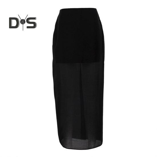 

Женская макси-юбка с высокой талией, сетчатая пряжа, перспективная однотонная юбка с разрезом на бедрах, длинная юбка S чёрный