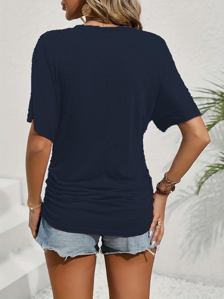 2025 Women's Casual Solid Color Waist-Cinching Short-Sleeve Round Neck T-Shirt