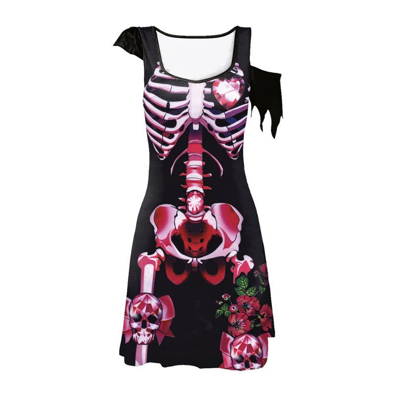 Halloween Dress Skeleton Digital Print Costume Irregular Women's Dress Horror Skirt