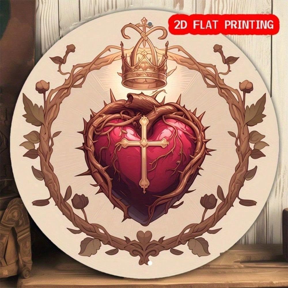 Vintage Sacred Heart Metal Wall Art 8x8 Inch Round Aluminum Sign Religious Home Decor with Cross Design Catholic