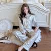 Casual Style High-end Silver Pajamas Women's 11 Spring and Summer New Lapels Can Be Worn Outside Long-sleeved Loungewear Two-piece Set
