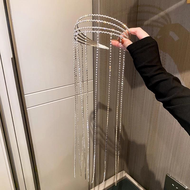 Korean Style High-end Rhinestone Headband with Women's Long Tassel Crystal Hair Accessories Fashionable Wedding Styling Tool