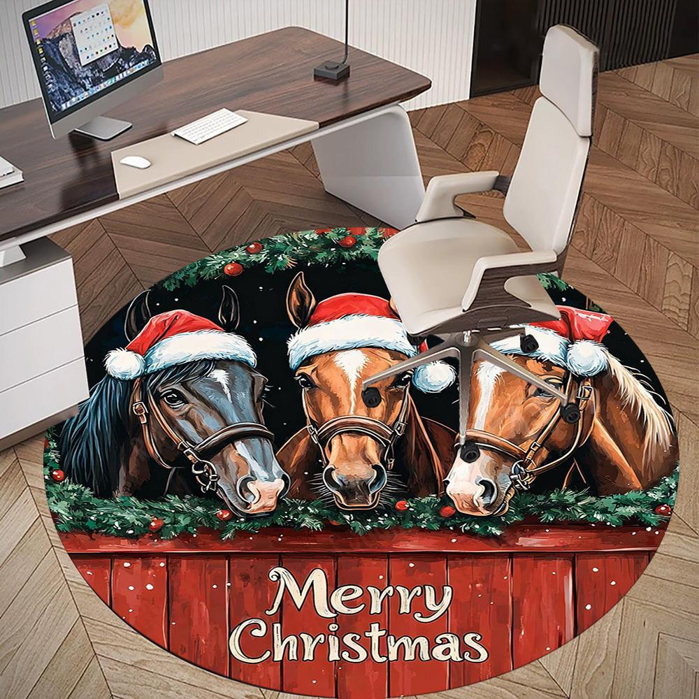 1PC Horses Merry Christmas Office Round Area Rug, Under Office Chairs Bedroom Living Room Home Decor, Carpet for Office -1110049
