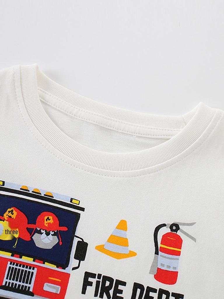 2026 Spring/Summer Kids' Fire Truck Print T-shirt - Short Sleeve & Round Neck