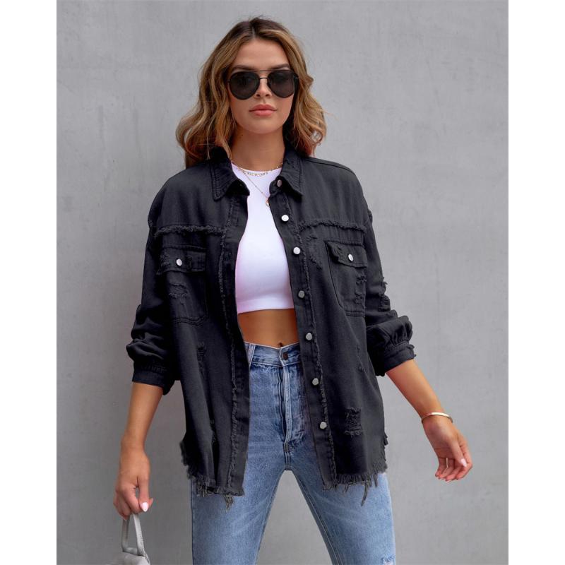 Holes Raw-edges Denim Jacket Women Spring Autumn Shirt Style Jeancoat Casual Top Rose-Red Orange Purple Outerwear Lady Coat