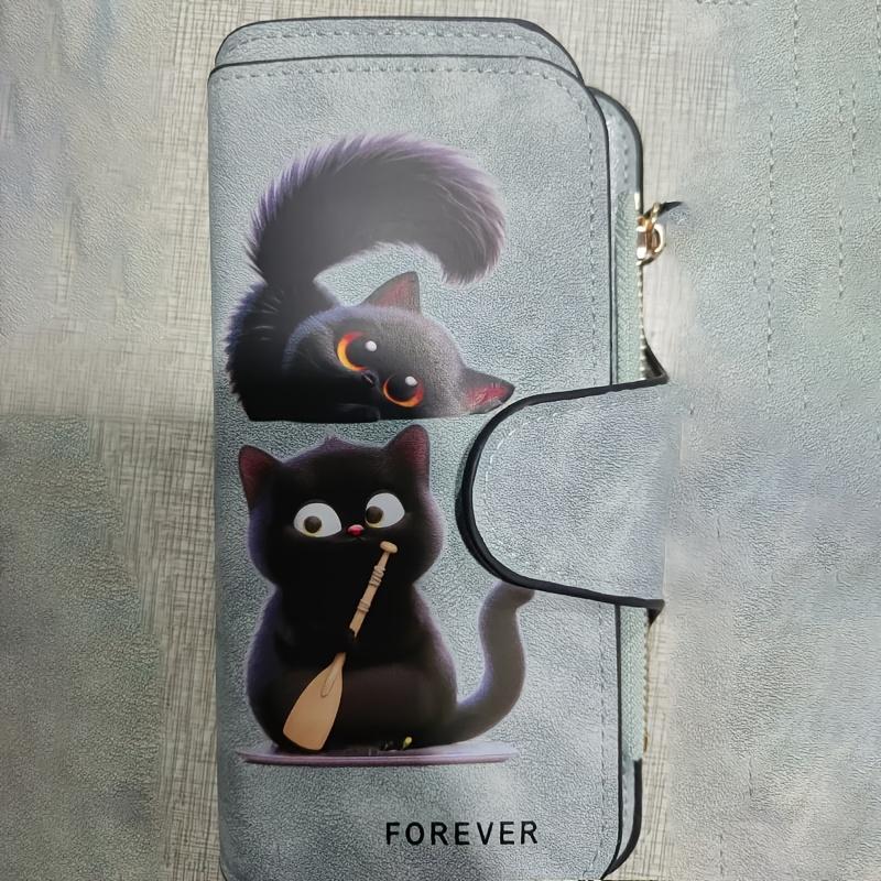 Women's Long Wallet Black Cat Design 3-Fold Card Holder with Multiple Pockets Zipper Closure for Cash ID Credit Cards Gifts for Family Friends