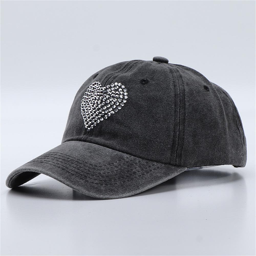 Heart Shaped Rhinestones Baseball Cap Washed and Distressed All-season Soft-top Peaked Cap Hats for Unsex Outdoor Sun Hats