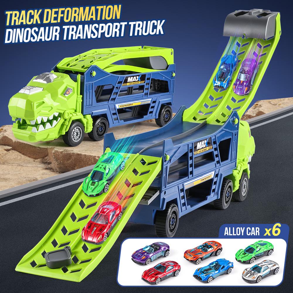 

Dinosaur rail transport truck toy, no battery, equipped with 6 metal racing cars, Christmas, children s birthday gifts зелёный