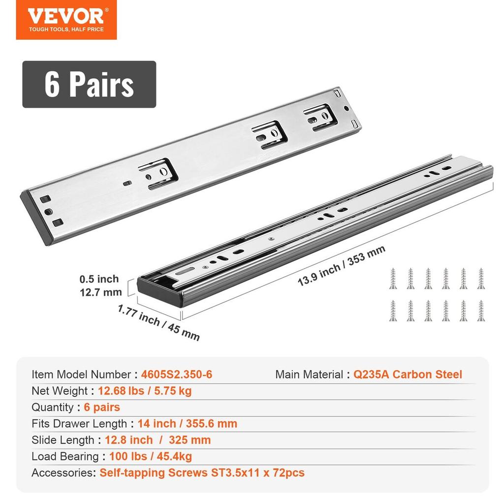 6 Pairs of 355.6mm Drawer Slides Side Mount Rails, Heavy Duty Full Extension Steel Track, Soft-Close Noiseless Guide Glides Cabinet Kitchen Runners