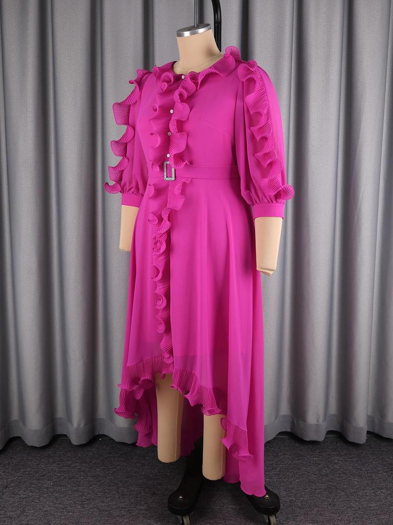 Plus Size Elegant Rose Red Chiffon Evening Gown with Ruffled Irregular Hem