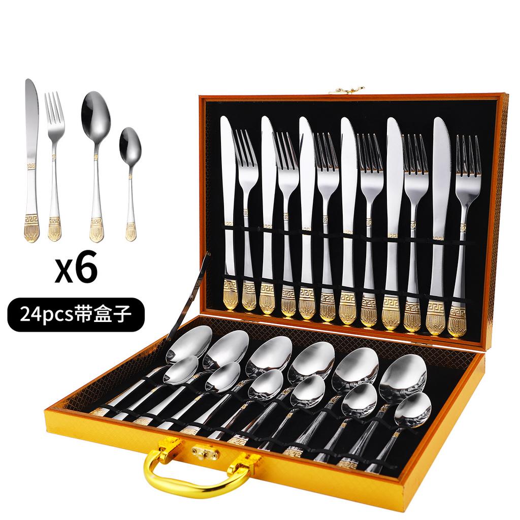 24pcs/set, Russian stainless steel tableware set, Crown knife, fork, spoon, gift box packaging for kitchen, Boutique tableware