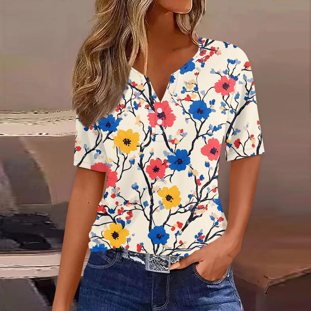 Women's T Shirt Print Button Short Sleeve Daily Weekend Fashion Basic V-Neck Regular Top