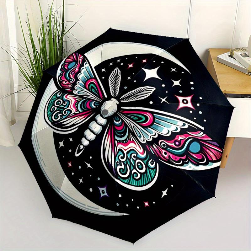 1pc Moon Butterfly Automatic Open/close Folding Compact Umbrella, 8-Rib Sturdy Canopy, Lightweight Portable, Everyday Use, Gift, Outdoor Umbrella, Tra
