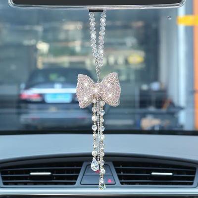 Kreativer Diamant-Bowknot-Autoanhänger, süßer Kristallquasten-Kettenrückspiegel-Verzierung, Perle, Strass, Autozubehör für Damen
