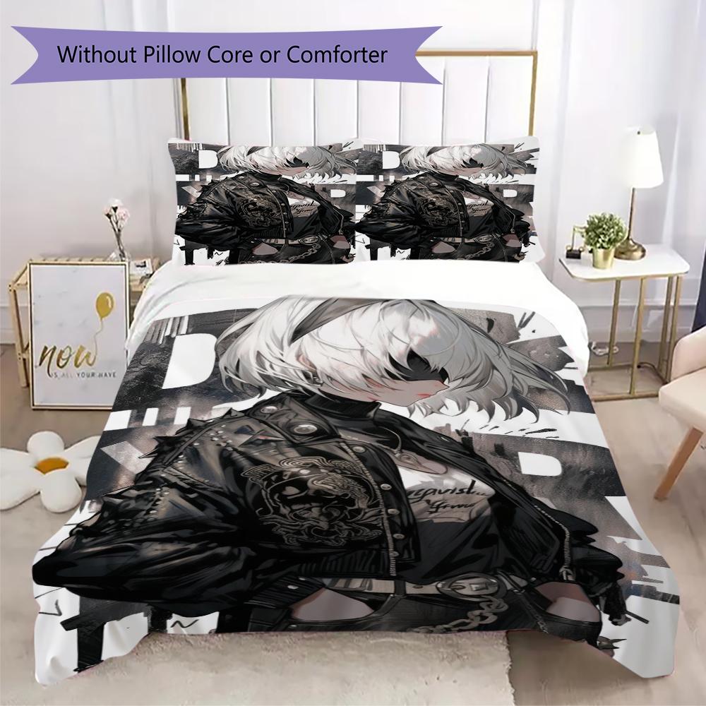 NieR Automata Pattern Bedding Uilt Set Uilt Cover Pillowcase Home Decoration Birthday Gift (1 * Duvet Cover + 2 * Pillowcase Without Core)