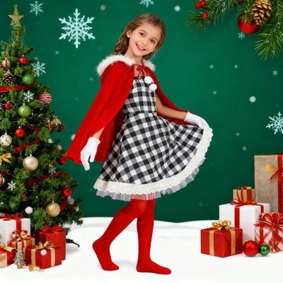 Fantasia de Natal para Mulheres Meninas Vestido Xadrez com Capa de Veludo Vermelho Meias Luvas Conjunto Roupa Cosplay Elfo de Natal