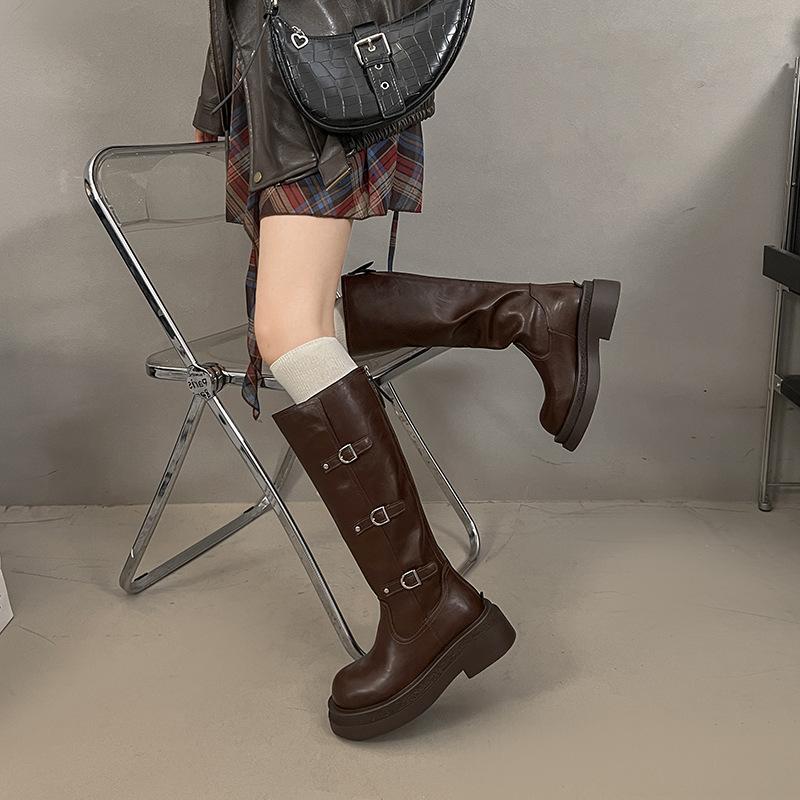 Height-increasing Thick-soled But Knee-high Boots Women's 2025 Autumn New Round-headed Knight Boots Muffin-bottom Belt Buckle High Boots
