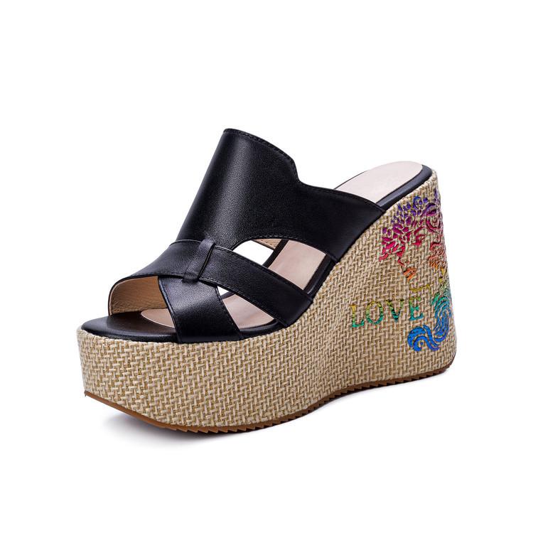 

Platform leather slippers women s 2025 summer new muffin shoes fashion cross-band printed one-word slippers fish mouth shoes 34