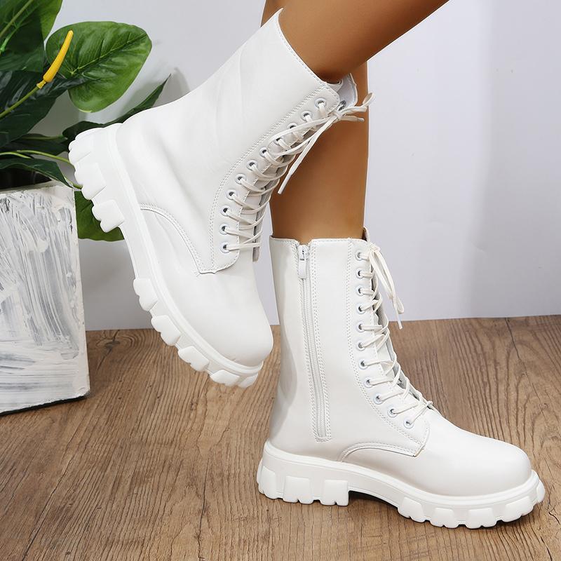 Women's Comfortable Solid Color Platform Boots, Fashion Lace Up Side Zipper Boots with Comfortable Design
