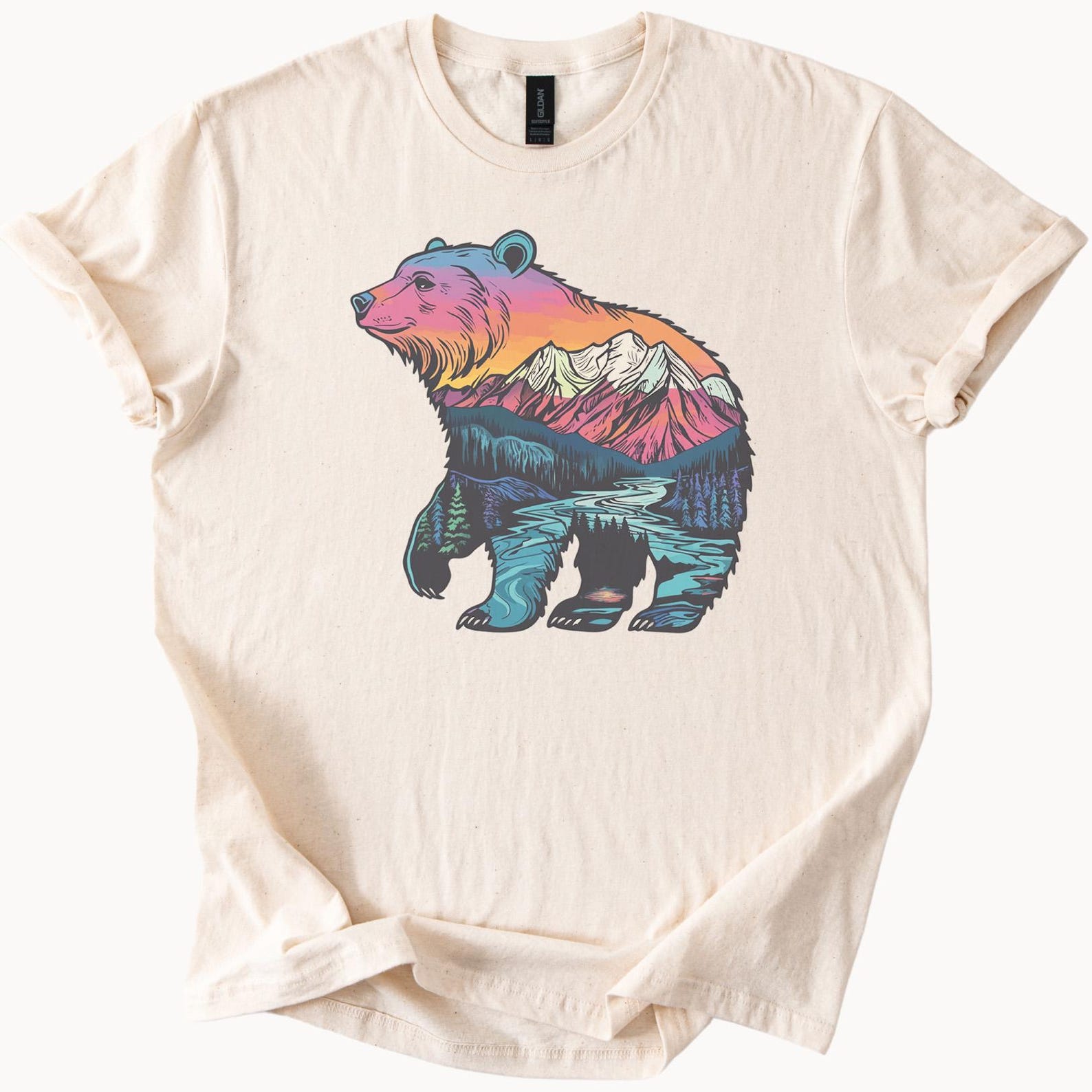 Bear Mountain Sunset Graphic T Shirt Nature Hiking Wilderness Animal Art Tee Forest River Landscape Outdoor Adventure Shirt 110