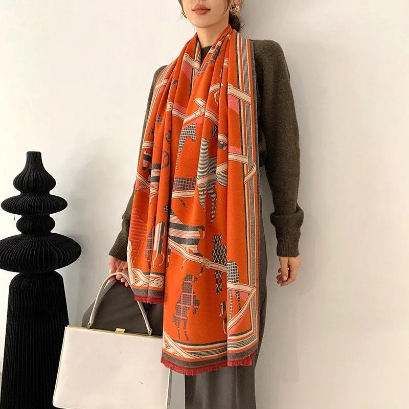 New Luxury Winter Cashmere Scarf Women Design Warm Pashmina Blanket Horse Scarves Female Shawl Wraps Thick Foulard Bufanda