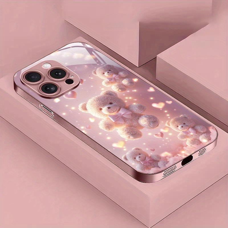 

Cute Bear Heart Pattern Pink Metallic Paint Glass Hard Phone Case For iPhone 17Air 11 12 13 14 15 16 17 Pro Max Plus 16E Cover iPhone17 Pro