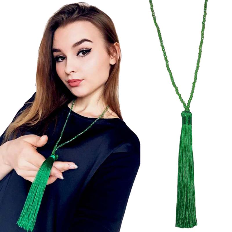 Fashion 14 Colors Long Fringe Silk Tassel Necklace Women Glass Bead Crystal Pendant Necklaces Statement Vintage Bohemian Jewelry