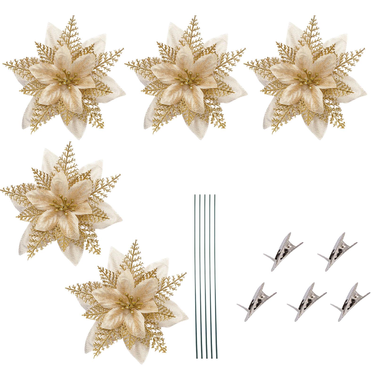 

Блестящие рождественские цветы, искусственные цветы, веселые рождественские украшения, украшения для дома, елочные украшения, 5 шт. One Size золотой