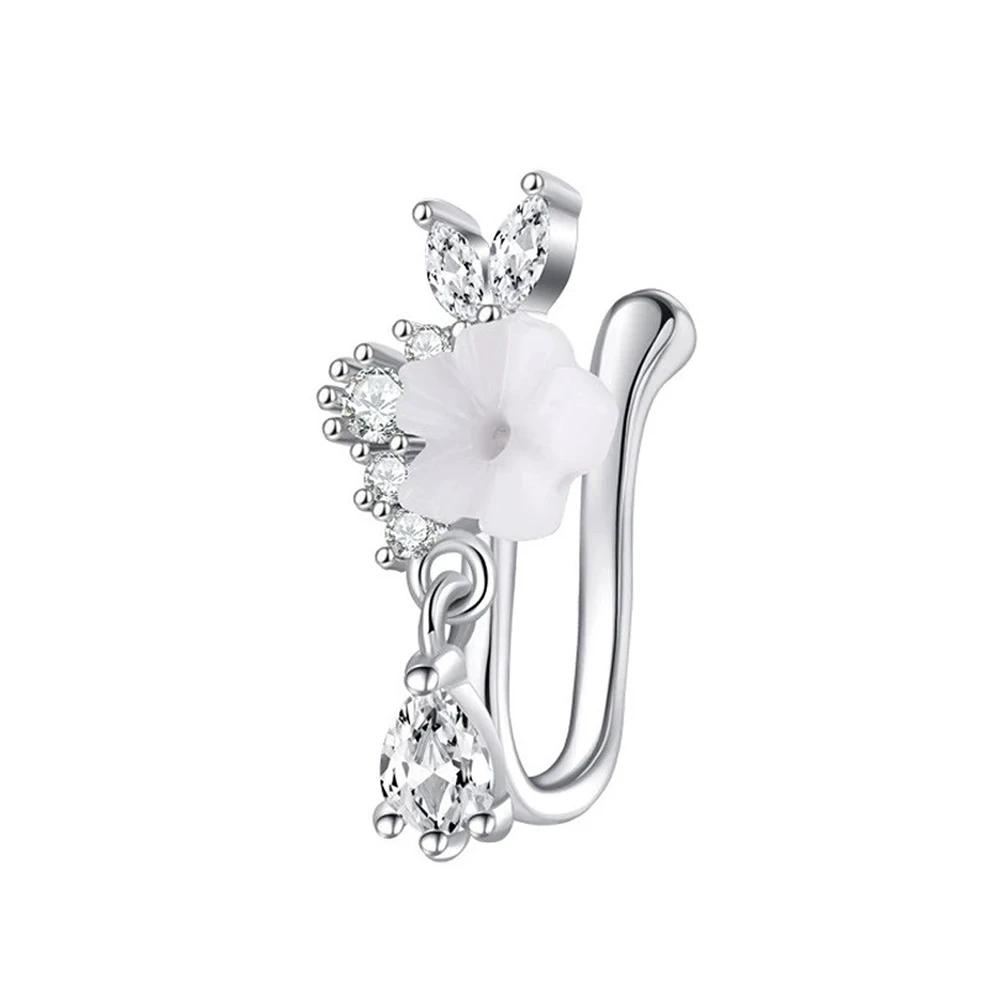 Women Fashion Floral Teardrop Dangle Nose Ring Festival Gifts Universal Girls L-Shaped Sparkling Zircon Nose Piercing Stud Set