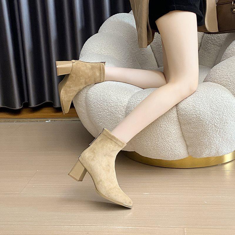 heightening boots autumn and winter French short boots women's thick heel cloth suede small thin boots women's 2025 high heel boots new