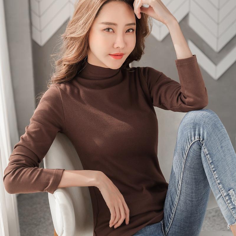 

Новая приталенная рубашка для женщин, футболка в корейском стиле с длинными рукавами, хлопковый внутренний топ со средним воротником M кофейный