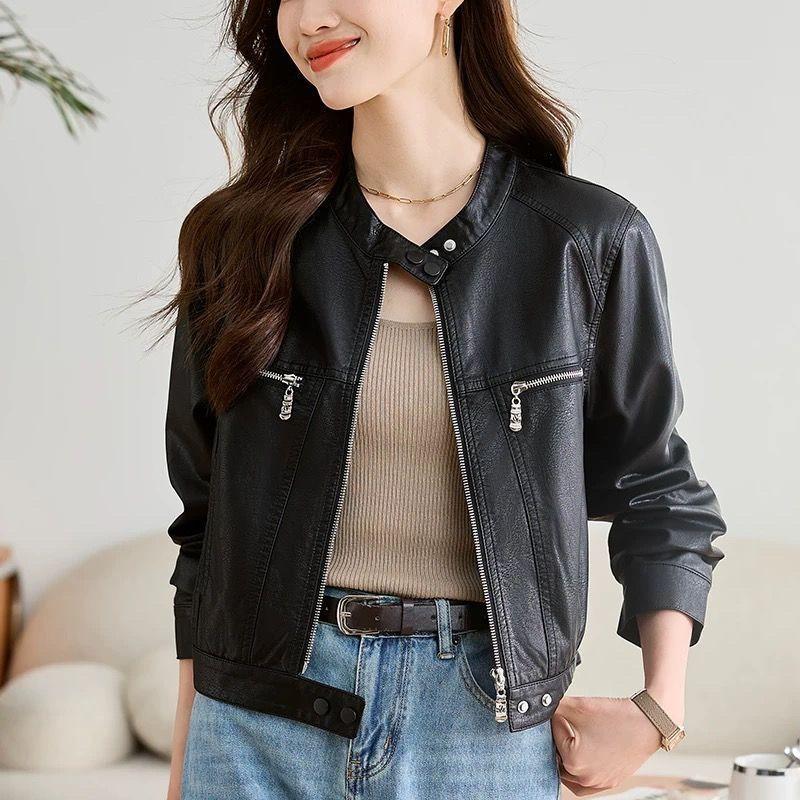 

Кожаная куртка женская новая весна и осень короткая маленькая осенняя модная повседневная кожаная куртка модная черная S 80-100 чёрный
