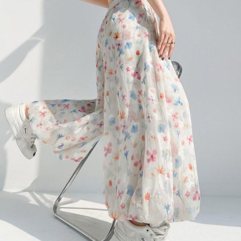 Colorful Floral Puff Wide-Leg Pants for Women | Summer Thin High-Waist Straight Lantern Pant Skirt Petite-Friendly Flowy Chiffon Pants