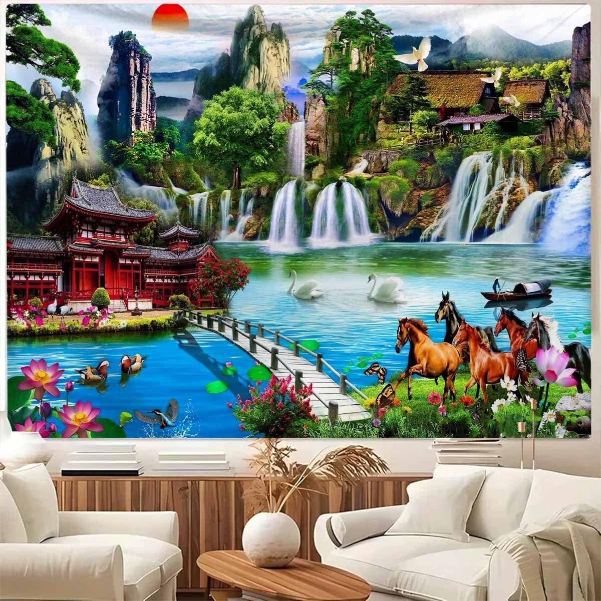 Tapestry nature mountain forest river landscape 75x100
