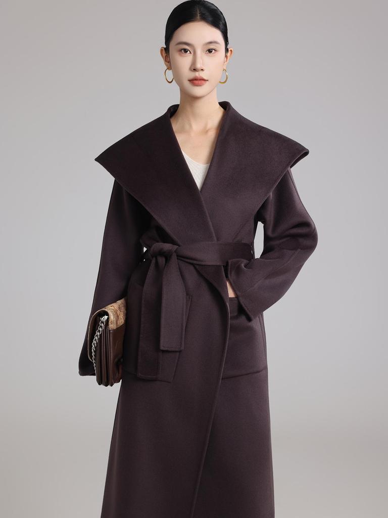 High-End Extra Long Double-Faced Wool Coat: Hooded, Tie-Waist, Light Luxury Casual Silhouette with Cashmere