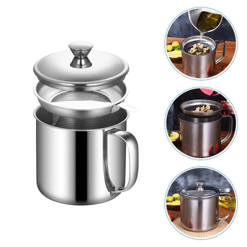Stainless Steel Oil Filter Pot Kitchen Oil Container Can With Fine Mesh Strainer For Home Kitchen Frying Oil Storage Reuse