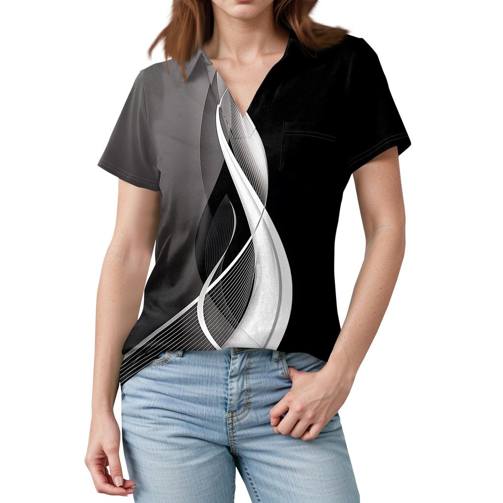 Damen Bluse Sommer Business Casual Arbeitstops Kurzarm Button-Down-Kragen V-Ausschnitt Bluse T-Shirt