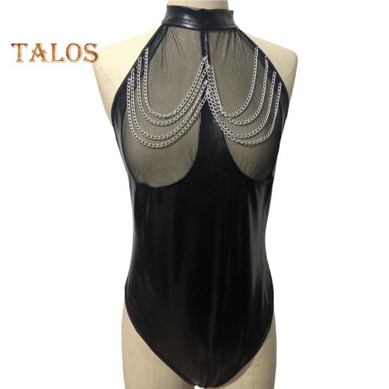 Women Honeymoon Bodysuit Fishnet Faux Leather Patchwork Off Shoulder Bodycon Chain Decor Open Crotch Playsuit Nightclub Hotel Wedding Night Sex