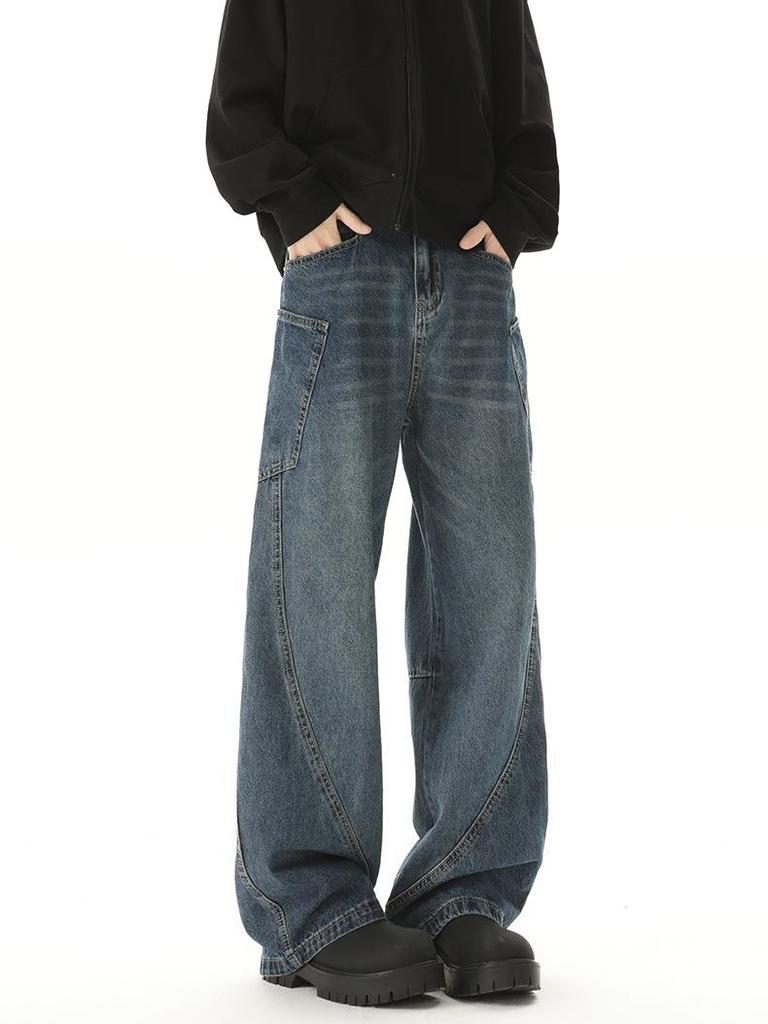 LKTM Men's American Retro Wide-Leg Jeans: Trendy Loose-Fit Scimitar Pants for Couples
